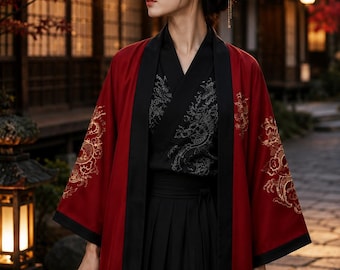 Kimono japonés para mujer – Haori bordado con dragón rojo y negro, estilo samurái.