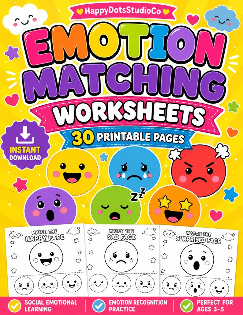 Emotion Matching Worksheets for Preschoolers | 30 Printable Pages - Etsy