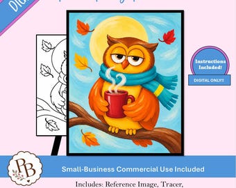 Herbstliche Eulen-Malparty: Vorlage zum Ausdrucken, digitale Schablone, Malen mit Getränken, DIY-Leinwandbild zum Download