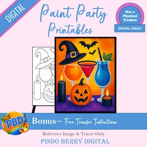 May include: Digital Paint Party Printables featuring a Halloween scene with a witch hat, jack-o'-lantern, candles, and cocktails. Includes a black and white line art tracer and a full-color reference image. Text includes Paint Party Printables, Digital, Not a Physical Product, and Pindo Berry Digital.