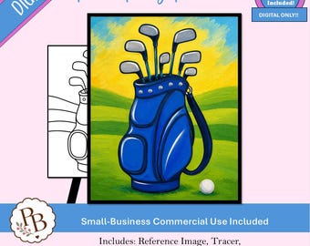 Malvorlage für eine blaue Golftasche zum Ausdrucken, digitale Vorlage, Malen und Trinken, DIY-Leinwandbild zum Download