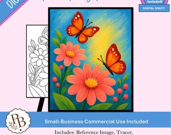 Schmetterlings- und Blumen-Malparty-Vorlage zum Ausdrucken, digitale Vorlage, Malen-und-Trinken-Vorlage, DIY-Leinwandbild zum Download