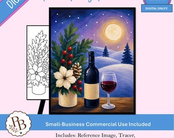 Vorlage für eine Malparty mit Winterwein, digitale Schablone, Malen und Genießen, DIY-Leinwandbild zum Download