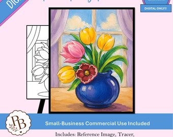Malvorlage für eine Tulpenstrauß-Malparty: Druckbare Vorlage, digitale Vorlage, Malen mit Getränken, DIY-Leinwandbild zum Download