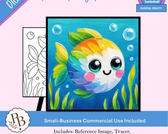 Niedliche Regenbogen-Kugelfisch-Malvorlage zum Ausdrucken, digitale Vorlage, Malen zum Mitnehmen, DIY-Leinwandbild zum Download