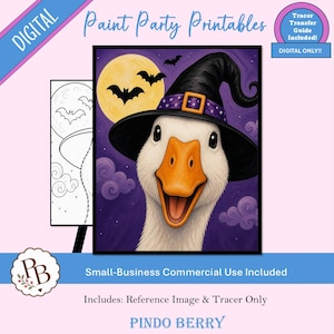 Può includere: Una stampa digitale raffigurante un'oca bianca che indossa un cappello da strega nero con una fascia a pois viola e una fibbia dorata su un cielo viola con una luna gialla e pipistrelli neri. Il testo recita Paint Party Printables, Tracer Transfer Guide Included, Digital Only, Small-Business Commercial Use Included, Includes: Reference Image & Tracer Only e Pindo Berry.