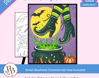 Halloween-Malvorlage „Hexenstiefel über dem Kessel“ zum Ausdrucken, digitale Vorlage, Malen zum Mitnehmen, DIY-Leinwandbild zum Download