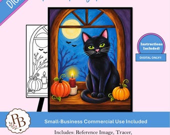 Halloween-Malparty mit schwarzer Katze: Vorlage zum Ausdrucken, digitale Schablone, Malen zum Mitnehmen, DIY-Leinwandbild zum Download