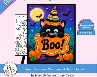 Halloween-Katzen-Malparty-Vorlage zum Ausdrucken, digitale Vorlage, Malen-und-Trinken-Vorlage, DIY-Leinwandbild zum Download
