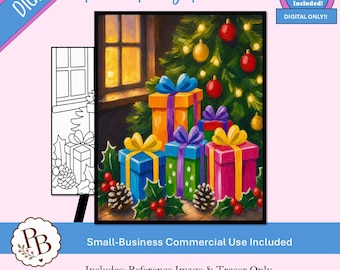 Malvorlage für eine Weihnachtsbaum- und Geschenke-Malparty zum Ausdrucken, digitale Vorlage, Malen mit Getränken, DIY-Leinwandbild zum Download