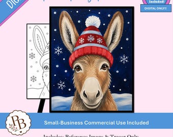 Weihnachts-Malparty mit Eselmotiv: Druckvorlage, digitale Vorlage, Malen zum Mitnehmen, DIY-Leinwandbild zum Download