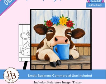Malvorlage „Müde Kuh mit Kaffeetasse“ zum Ausdrucken, digitale Vorlage, Malen-und-Trippen-Vorlage, DIY-Leinwandbild zum Download