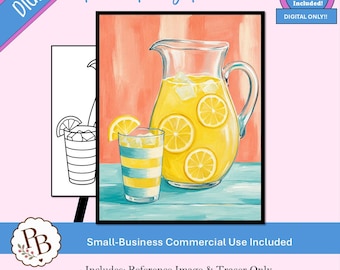 Malen-Party mit Limonadenkrug und Glas: Vorlage zum Ausdrucken, digitale Schablone, Malen-und-Trinken-Vorlage, DIY-Leinwandbild zum Download