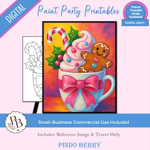 Könnte beinhalten: Ein digitales Malparty-Druckblatt mit einer farbenfrohen Illustration einer Tasse, gefüllt mit Schlagsahne, einer Zuckerstange, Stechpalmenblättern und einem Lebkuchenmann. Die Tasse ist mit einer großen rosa Schleife verziert und enthält eine Vorlage.
