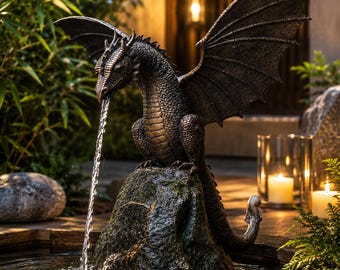 Statue fontaine de dragon en bronze, sculpture gothique fantastique en résine, pièce d'eau extérieure