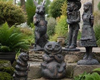 Alice in Wonderland Resin Garden Statue, White Rabbit Caterpillar Decor