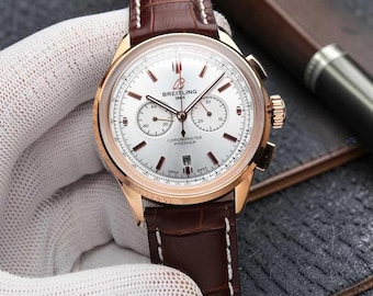 Breitling Premier Chronograph Herrenuhr | Goldgehäuse mit braunem Lederarmband | Geschenk für ihn