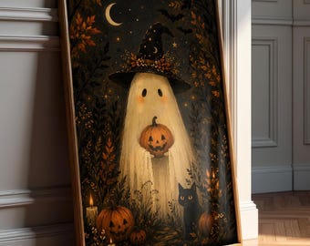 Whimsical Ghost Under Moonlit Sky Wall Art - Vintage Black Cat Poster - Forest Print - Vintage Halloween - Pumpkin Decor - Digital Download