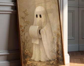 Vintage Ghost Holding Toilet Paper Halloween Print - Funny Bathroom Art - Neutral Floral Printable - Spooky Season Decor - Digital Download