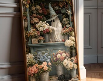 Whimsical Ghost In A Flower Shop Wall Art - Sleeping Cat Print - Floral Coquette Art - Vintage Halloween -Whimsigoth Decor -Digital Download