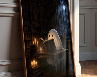 Spooky Ghost Reading Book Wall Art - Gothic Night Sky Print - Vintage Library Print - Dark Academia Art - Halloween Decor - Digital Download