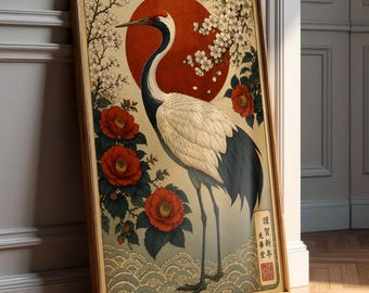 Arte mural japonés con grullas - Arte mural minimalista de estilo chinoiserie - Póster zen vintage - Estampado de sol rojo - Wabi Sabi - Decoración Japandi - Descarga digital