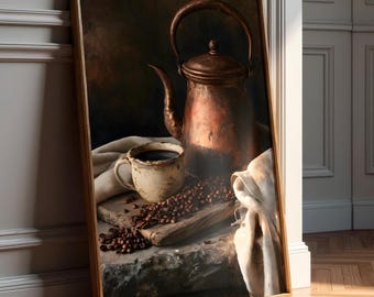 Vintage Coffee Still Life Painting - Rustic Kitchen Artwork - Farmhouse Coffee Beans Print - Coffee Gift -Coffee Bar Decor -Digital Download