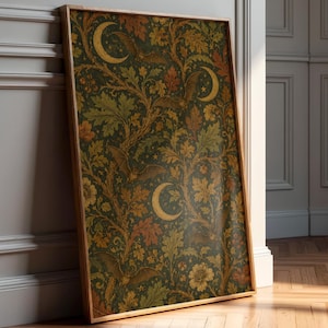 May include: A rectangular framed wall art piece featuring a dark green background with an intricate pattern of oak leaves, flowers, small stars, crescent moons, and flying bats in shades of gold, brown, and muted orange throughout the design.
