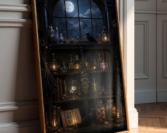 Gothic Apothecary Wall Art - Dark Academia Raven Art - Potion Bottles Fantasy Wall Art - Night Sky Print - Halloween Decor -Digital Download