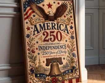 250 Years Of America Fourth of July Print - Vintage Eagle Patriotic Wall Art - American Flag Art - Textile Wall Art -  Digital Download