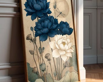 Japanese Blue Lotus Wall Art - Dragonfly Print - Floral Print - Vintage Asian Art - Serene Flower Painting - Japandi Decor -Digital Download