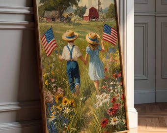 Vintage Patriotic Kids Wall Art - American Flag Art - Independence Day Art - Fourth of July Decor - Countryside Print - Digital Download
