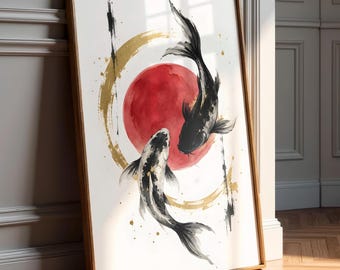 Japanese Koi Fish Wall Art - Minimalist Zen Wall Art - Abstract Fish Print - Asian Art - Oriental Artwork - Japandi Decor - Digital Download