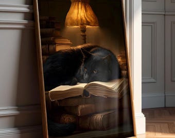 Black Cat Sleeping On A Vintage Book Wall Art - Dark Cottagecore Bookish Print - Victorian Cat Art - Dark Academia Decor - Digital Download