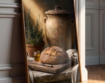 Vintage Bread Still Life Painting - Rustic Kitchen Artwork - Sour Dough Bread And Herbs Wall Art - Antique Farmhouse Decor -Digital Download