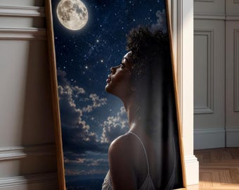 Celestial Black Woman Wall Art - Black Girl Looking At Night Sky Print - Afrocentric Wall Art - Minimalist Apartment Decor -Digital Download