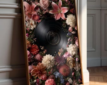 Floral Vinyl Record Art - Feminine Music Wall Art - Romantic Retro Poster - Maximalist Music Lover Gift - Vintage Decor - Digital Download
