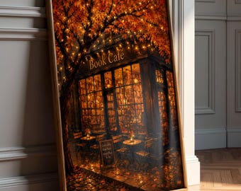 Decoración de pared para cafetería literaria - Lámina botánica otoñal - Rincón de lectura otoñal - Libros y café - Arte literario vintage - Decoración de Halloween - Descarga digital