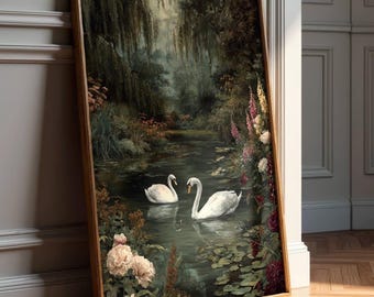 Romantic Swan Couple Wall Art - Dark Academia Art - Moody Victorian Print - Whimsical Lake Print - Dark Cottagecore Decor - Digital Download