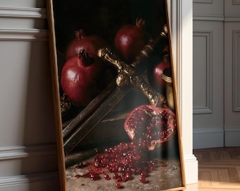 Medieval Pomegranate Dark Academia Art - Sword And Pomegranate Antique Painting - Still Life Kitchen Art - Victorian Decor -Digital Download