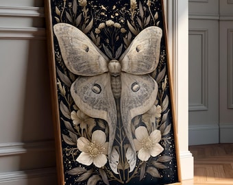 Vintage Lunar Moth Botanical Wall Art - Dark Academia Art - Gothic Floral Print - Moody Fantasy Print - Victorian Decor - Digital Download