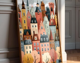 Whimsical Autumn Town Wall Art - Story Book Folk Art Print - Colorful Halloween Printable - Fall Print -Scandinavian Decor -Digital Download