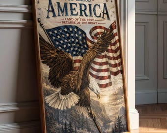 Vintage Fourth of July Typography Poster - American Flag Art -Land Of The Free - Eagle Wall Art -Farmhouse Patriotic Decor -Digital Download