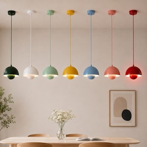 Peut inclure: Sept suspensions en forme de dôme sont alignées, chacune présentant une couleur unie différente : vert foncé, blanc, vert clair, jaune, bleu, rose et rouge. Chaque lampe se compose de deux abat-jours hémisphériques suspendus par un cordon.
