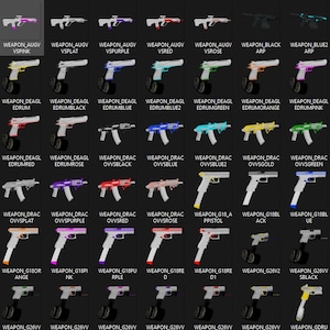 May include: A digital grid display featuring numerous toy weapon models, including rifles and pistols in various colors like pink, blue, green, and orange. Each item is labeled with text codes such as WEAPON_AUGV, WEAPON_DEAGL, and WEAPON_DRAC, organized in rows.
