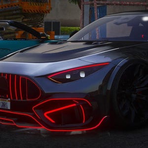 Puede incluir: Un coche deportivo gris oscuro con luces rojas en la parte delantera y los laterales, estacionado junto a un descapotable turquesa. El coche tiene un diseño elegante con ruedas negras y una matrícula visible.