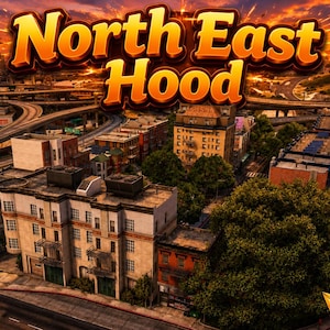 Puede incluir: Vista aérea de una ciudad con el texto "North East Hood" en una fuente estilizada. La imagen muestra edificios, carreteras y pasos elevados, con una puesta de sol al fondo.