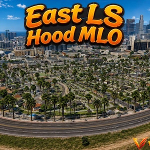 May include: An aerial view of a residential neighborhood with palm trees and houses, featuring the orange text East LS Hood MLO at the top and the orange logo Vicemods at the bottom right corner, set against a city skyline and blue sky.