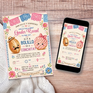 May include: A gender reveal invitation with the text "Ipan Dulce y Sorpresas!" and "Gender Reveal". The invitation features illustrations of a bolillo and a conchita. A smartphone displays the same invitation.