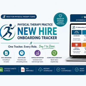 Puede incluir: Anuncio de un producto digital: un rastreador de incorporación para nuevos empleados de fisioterapia. La imagen muestra una computadora portátil con la interfaz del rastreador, una pesa y una banda de resistencia. Texto: "Descarga instantánea".